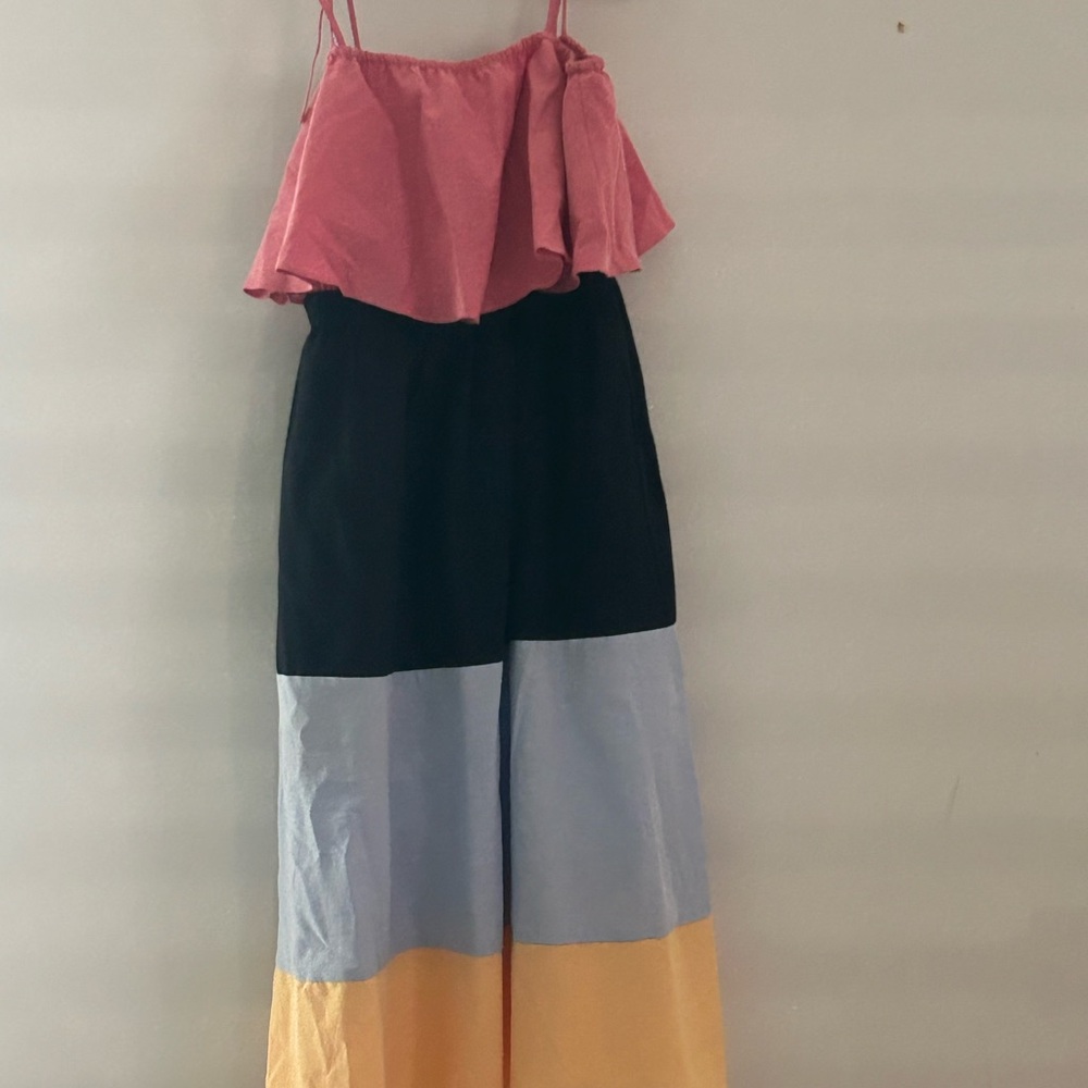 Colorblock Jumpsuit in Pink, Black, Gray, and Yellow